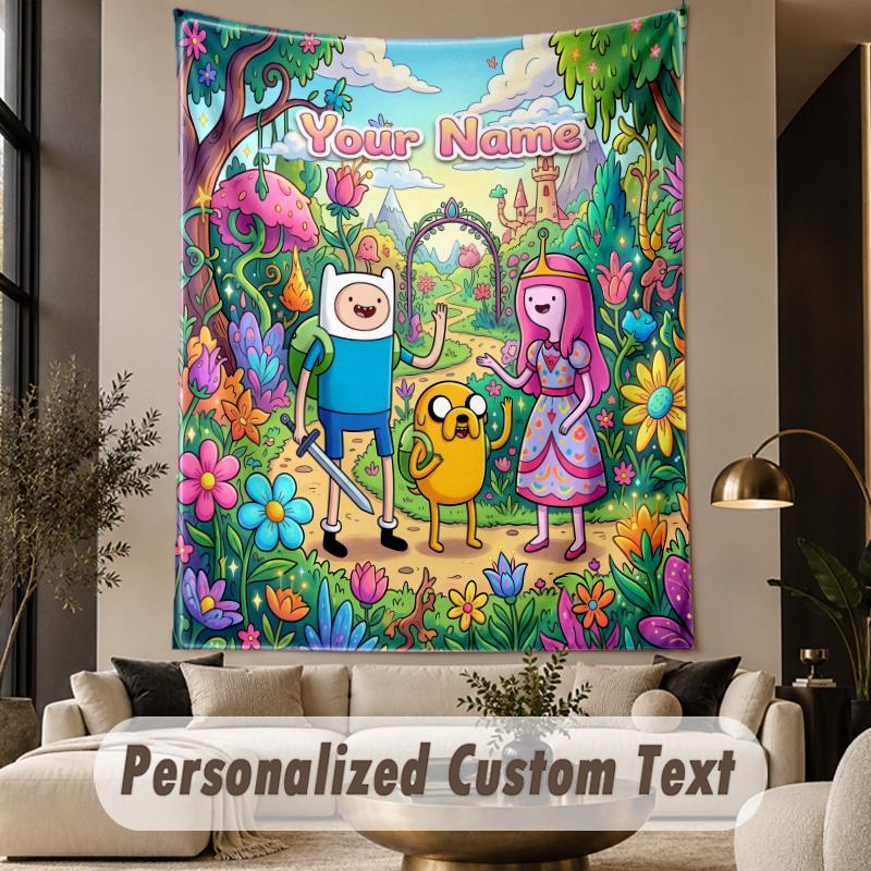 Custom Text Printed Tapestry Adventure Time Cartoon Pattern Large Wall Hanging Indoor Room Decor