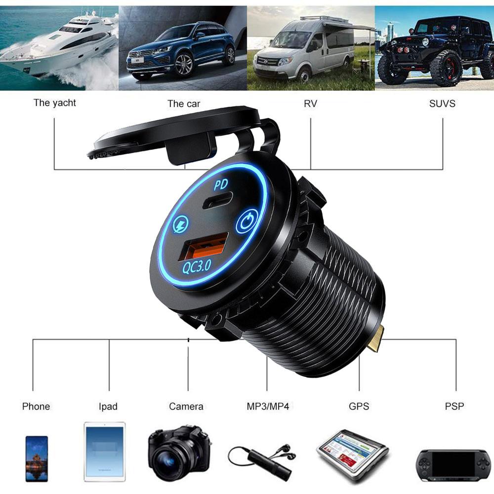 IP65 Waterproof 12-24V Car Charger Socket, PD QC3.0 Dual USB Type C Fast Charging Power Outlet with ON/OFF Switch for Motorcycle, Truck, RV, ATV, Boat