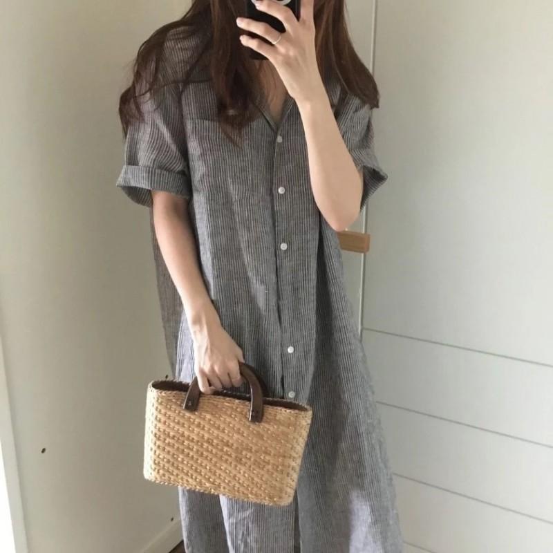Womens Relaxed Fit Striped Cotton Linen Midi Dress With Collar Short Sleeve Casual Outfit Small