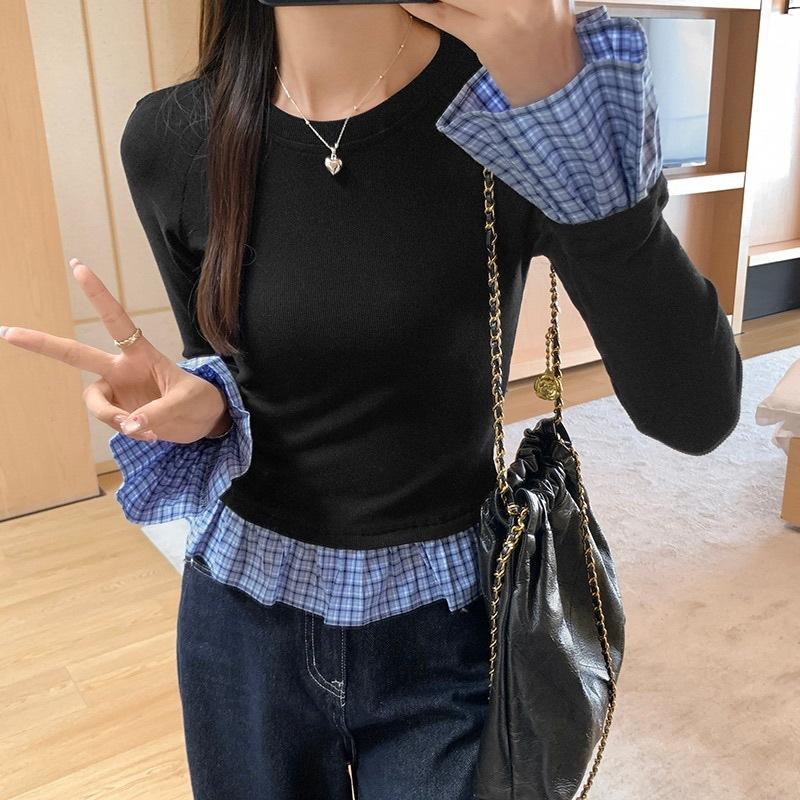 

New Korean version fake two-piece plaid splicing design sense retro temperament long-sleeved T-shirt top women s clothing m [recommended 40-50kg ] чёрный