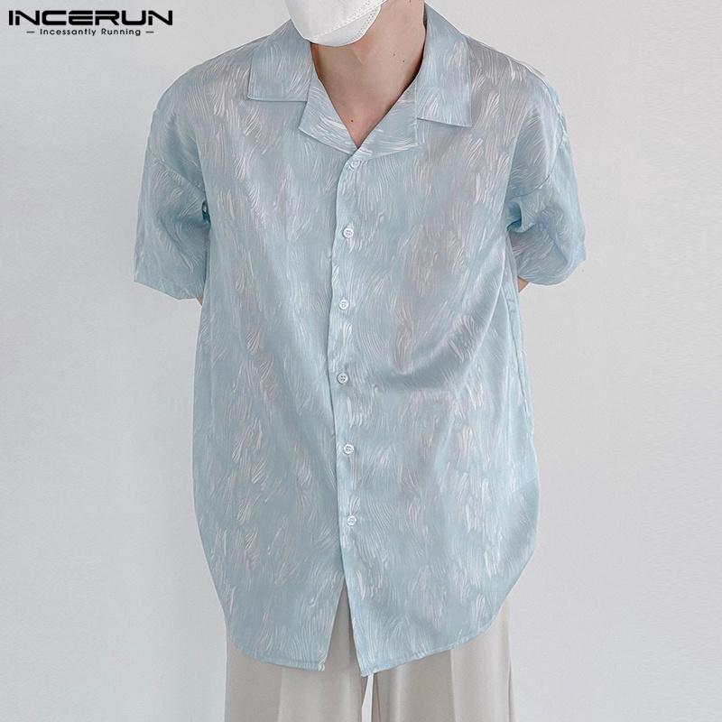 INCERUN Summer Oversized Men Lapel Neck Short Sleeve Print Casual Shirts