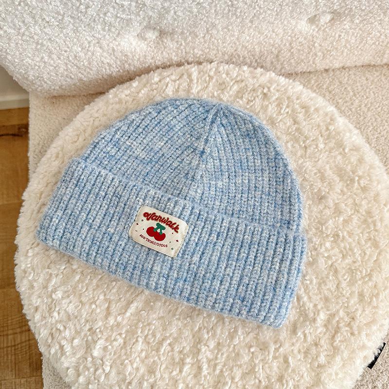Autumn and Winter Embroidered Cloth Label Cherry Woolen Hat Korean Style Simple Face Showing Small Cold Hat Ear Protection Pullover Head Woolen Hat