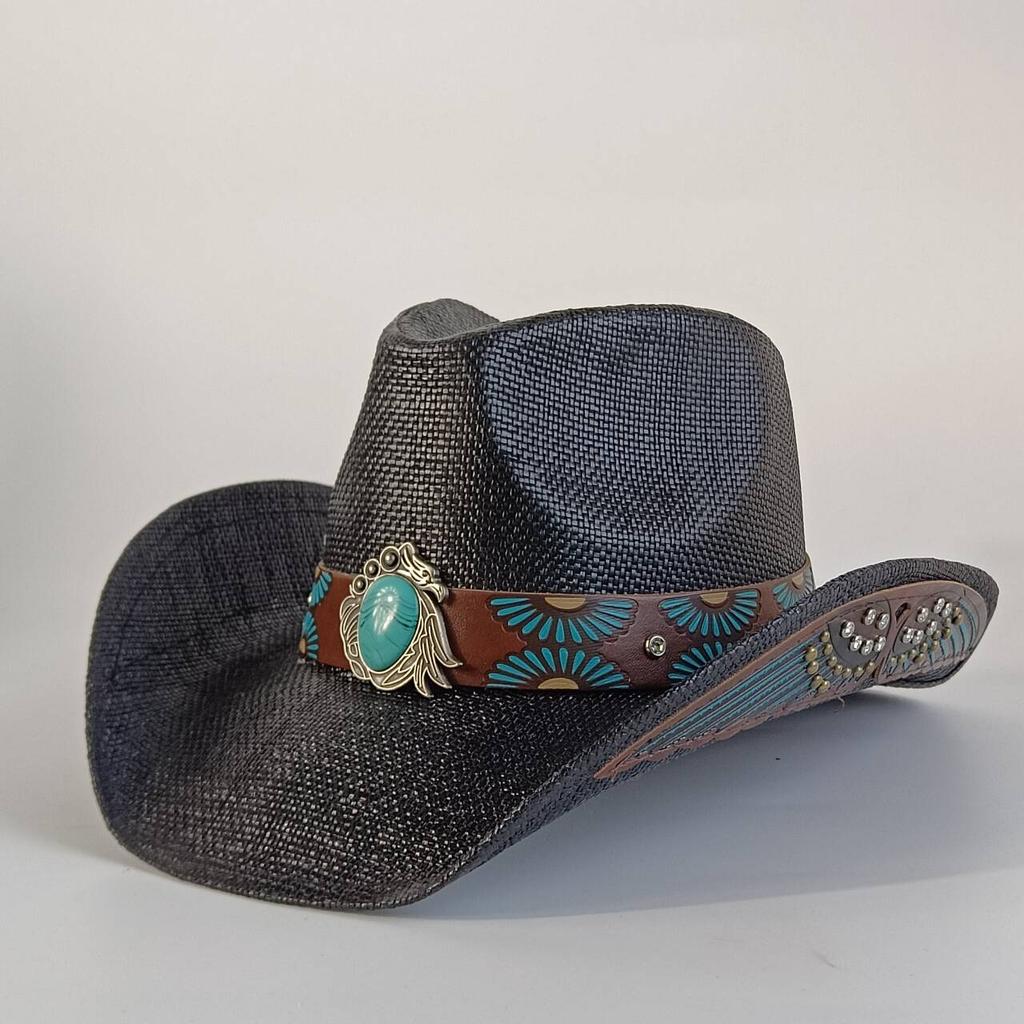 Sombrero de paja estilo western para hombre con hebilla decorativa turquesa sombrero de sol de ala ancha sombrero de vaquero de playa de verano para mujer