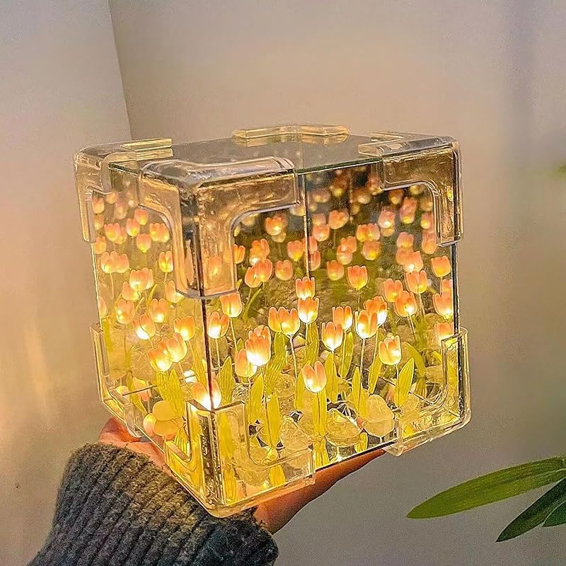 Keeda Finished Cube Tulip Mirror Lamp LED Handmade Simulated Tulip Table Lamp DIY Creative Magic Cube Mirror Night Light Tulip Lamp for Valentines