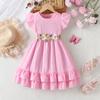 Vestito Rosa Principessa Estivo per Bambina con Ricami Floreali Maniche a Sbuffo Orlo Arricciato Cintura Gonna a Doppio Strato