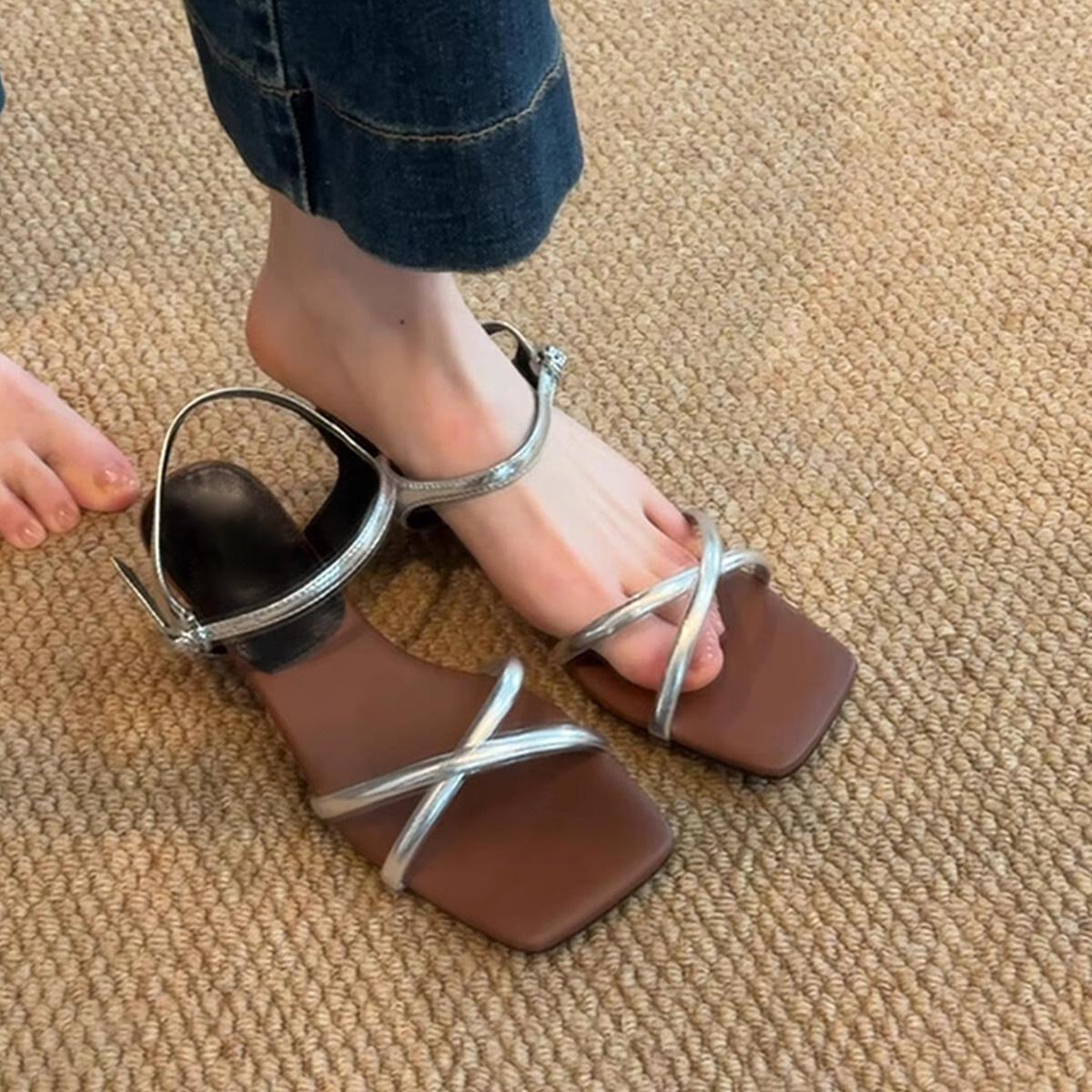 

Sheepskin version~ French retro style square head with sandals women s new versatile thick heel high heels Roman sandals 40