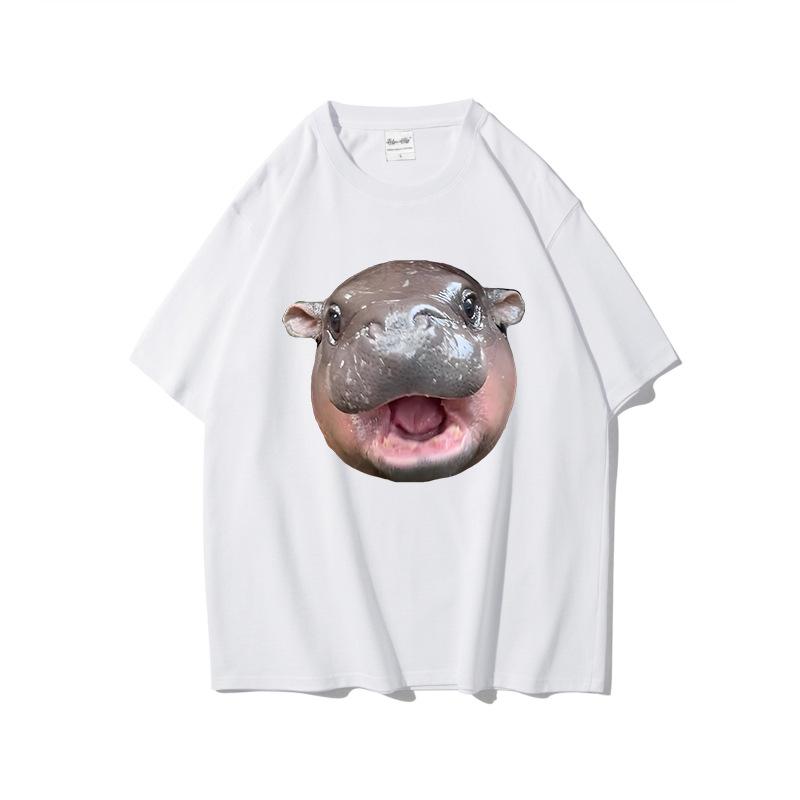 Fun Printed Moo Deng Bouncing Pig Casual T Shirts Trend Loose Cotton Short Sleeved Round Neck Top