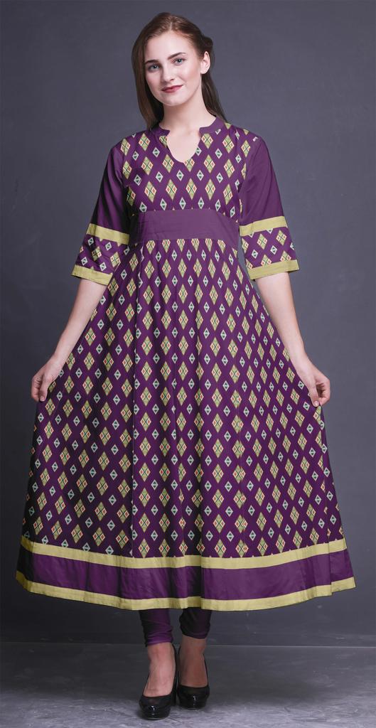 Bimba Gold Leaves & Peony Floral Printed Womens AnarkaliA  KurtiA  Kurta Flared Maxi Blouse