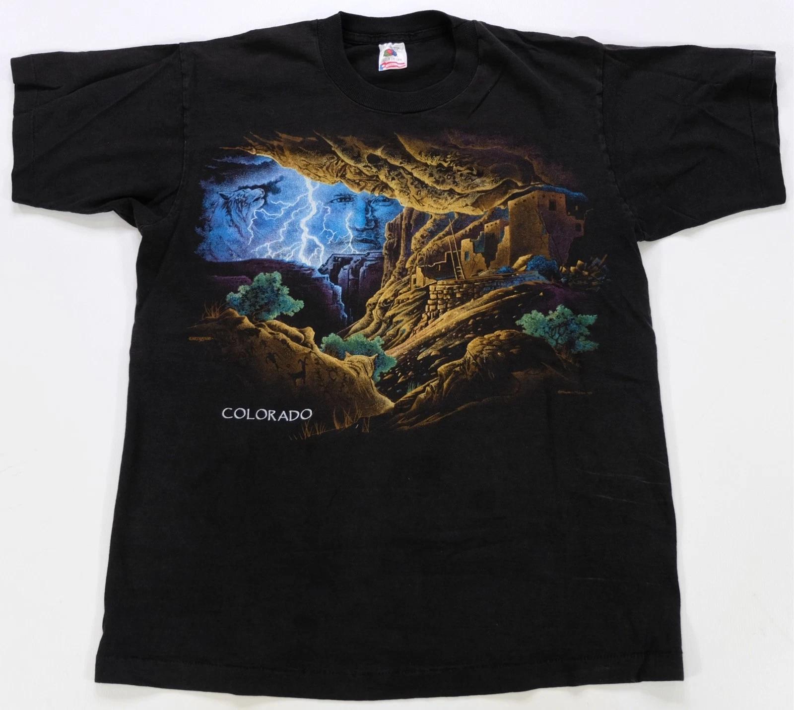 Rare VTG MOUNTAIN MEADOWS Colorado Native Spirit Nature Art T Shirt 90s Black L XL