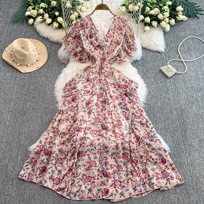 Seaside Vacation Dress Women's Summer New Sexy V-neck Waist and Thin Long Chiffon Floral Beach Dress