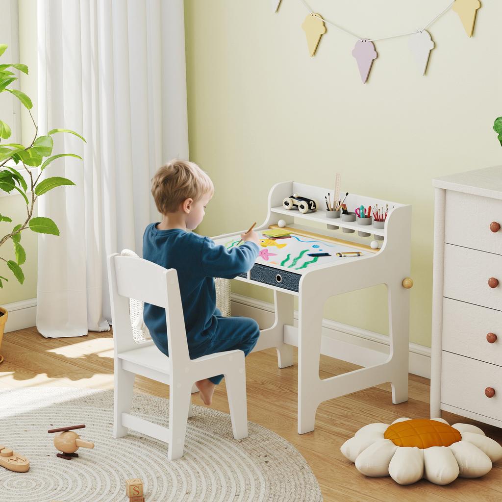 Kids' Desk and Chair Set with Shelf, Cup Holder, Drawers, Wooden for Boys and Girls Bedroom