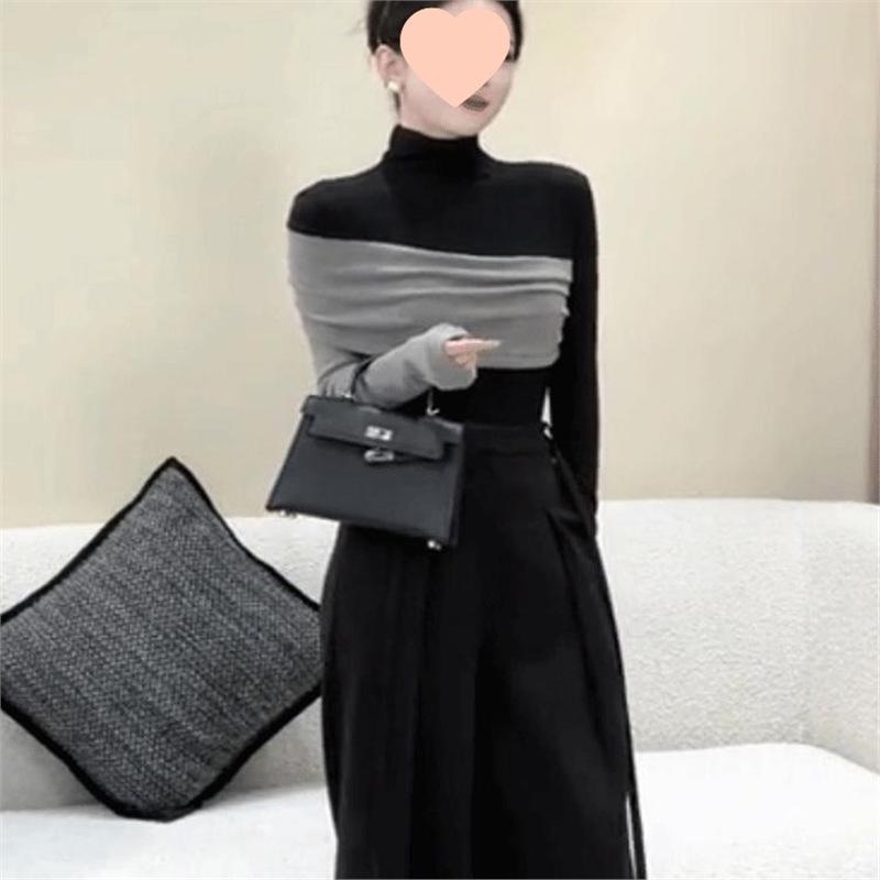 

Women s Korean Patchwork Color Block Slim Fit Semi-High Neck Long-Sleeve Top L