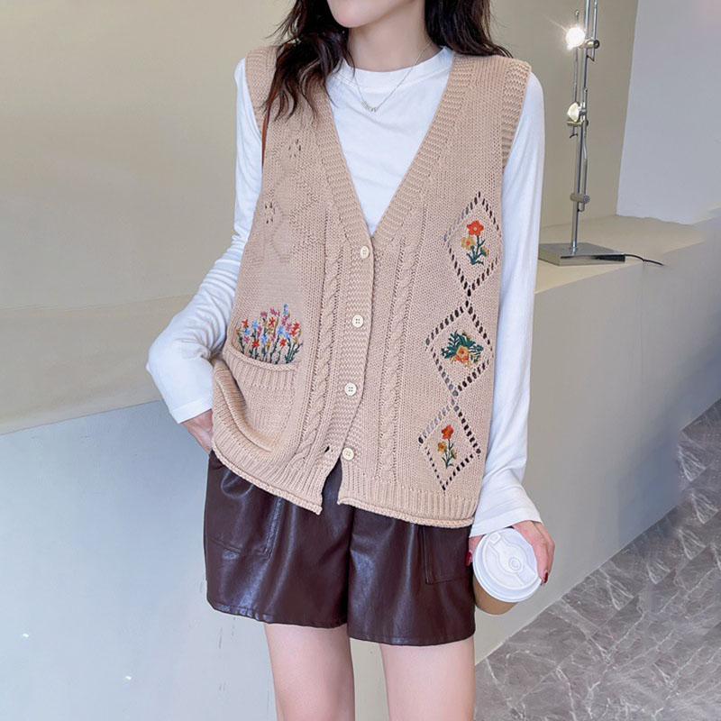 Strickweste mit Hohlstickerei für Damen, einreihig, ärmellos, V-Ausschnitt, Strickjacke, Harajuku-Pullover, Jacke, Herbst und Winter