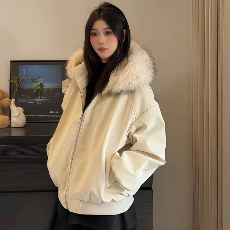 Winter Korean Style Ins Couple Fleece Lined PU Puffer Jacket Hooded Unisex Coat