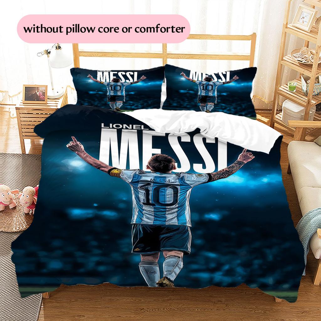 Lenjerie de pat cu model Lionel Messi Decorațiuni pentru casă Cadou de ziua de naștere (1 * husă de pilotă + 2 * fețe de pernă, fără miez),merchandise pentru fani.