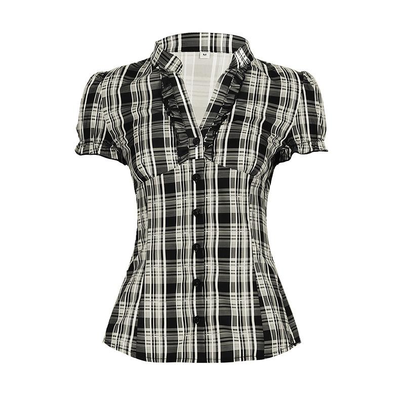 Vintage Plaid College Button-up Cardigan Ruffled V-neck Waist Slim Spice Girl Bottoming Top