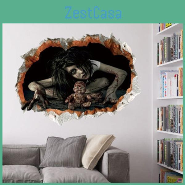 3d Realistic Horrifying Halloween Wall Breakthrough Ghost Girl Wall Sticker Removable Pvc Decor For Living Room And Hallway