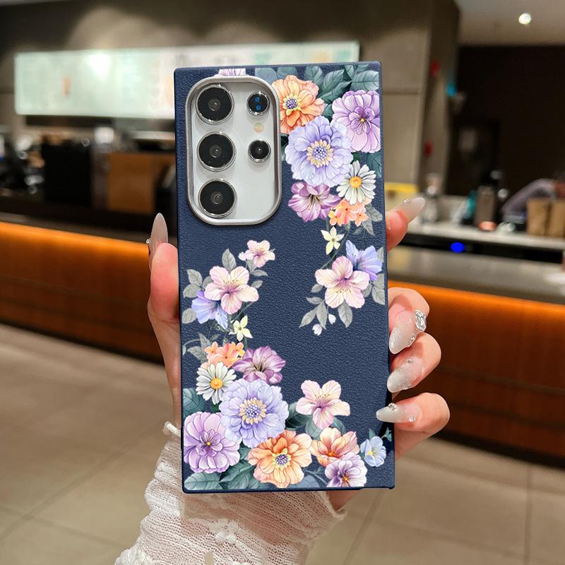 Color Floral Print Matte Leather Texture Phone Case For Samsung S25 S24 FE S23 Ultra S22 S21 A16 A56 A36 A15 A55 A35 Soft Slim TPU Shockproof  Cover