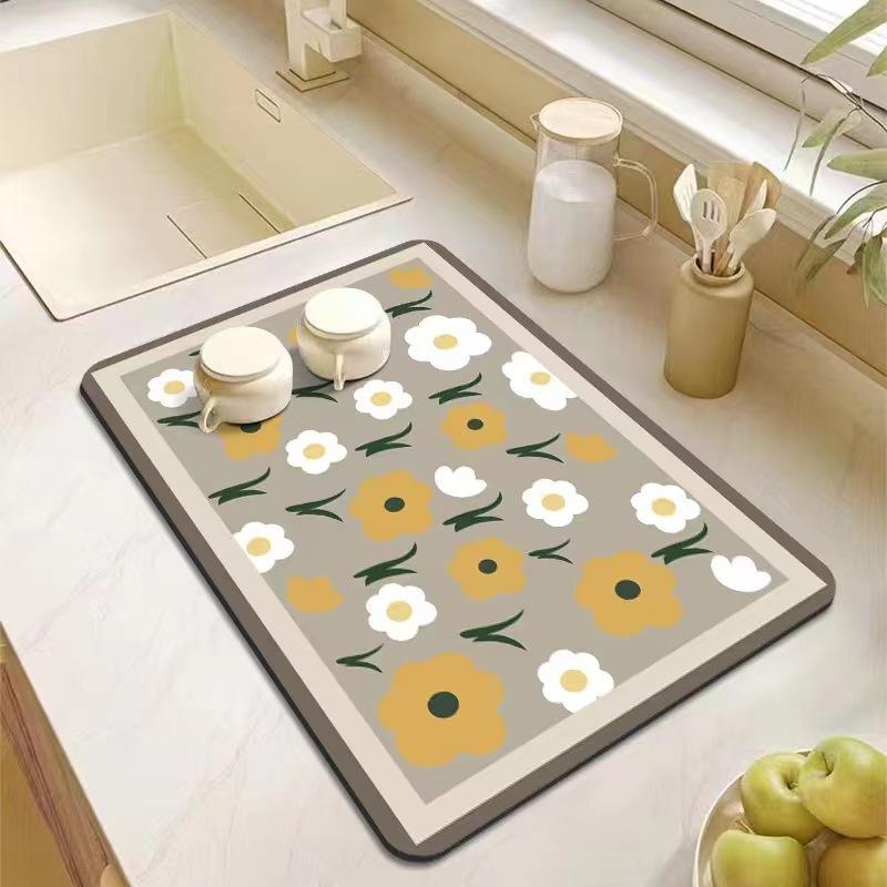 Natural Diatomite Drying Mat with Fast Water Absorption, Heat Resistant Kitchen Pad for Dishes & Cookware - 30x40cm To 40x60cm Floral Design
