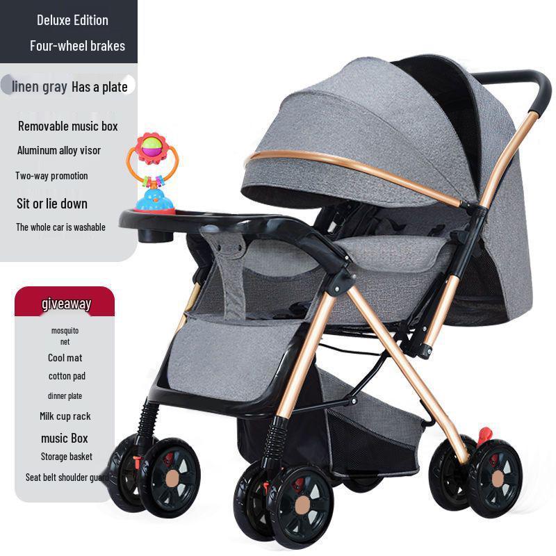 Reversible Foldable Baby Stroller with Shock-Absorbing Wheels and Large Sleep Basket