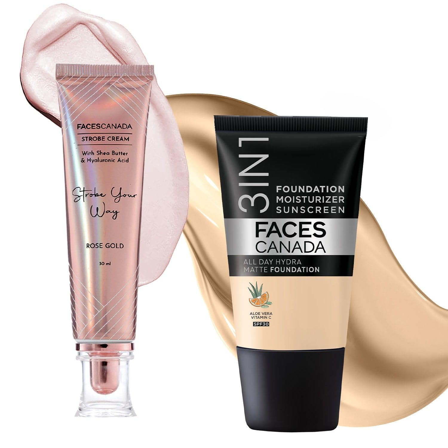 

FACESCANADA Rose Glow Kit|Rose Gold Strobe Cream (30ml) + Absolute Ivory All Day Full Hydra Matte Mini Foundation (18ml)|Makeup Kit For Women (Co