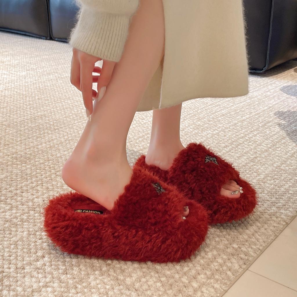 Fashion 2025 Popular Plush Slippers Women's Autumn and Winter New Household Anti-slip Increase Thick-soled Women's Warm Cotton Slippers