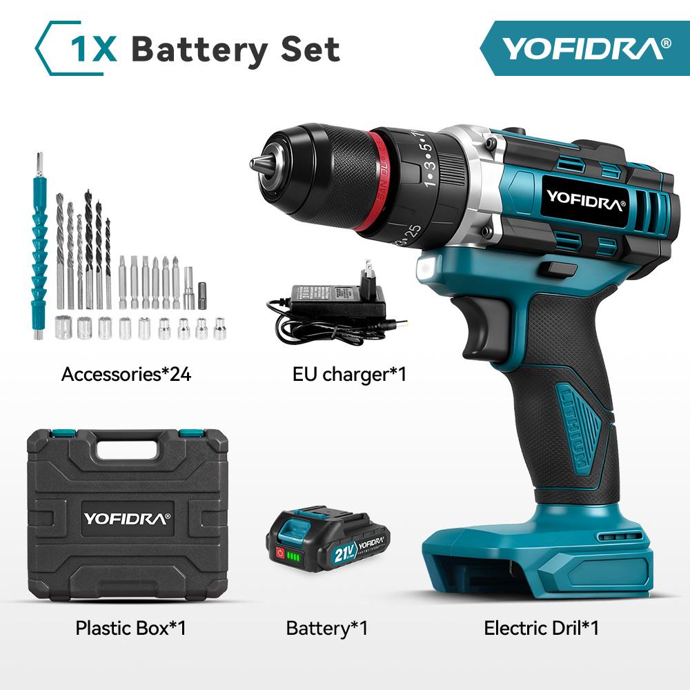 YOFIDRA 3IN1 Electric Impact Drill 25+3 Torque Handheld Cordless Impact Drill Woodworking Power Tool For Makita 21V Battery Pin