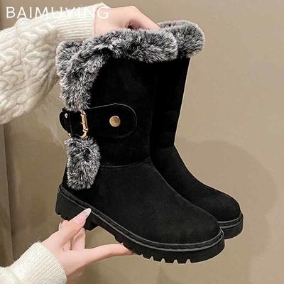 Fur Flats Suede Woman Mid Calf Boots Casual Warm Cozy Walking Shoes 2024 Winter Brand Fashion Short Plush Dress Mujer Zapatillas