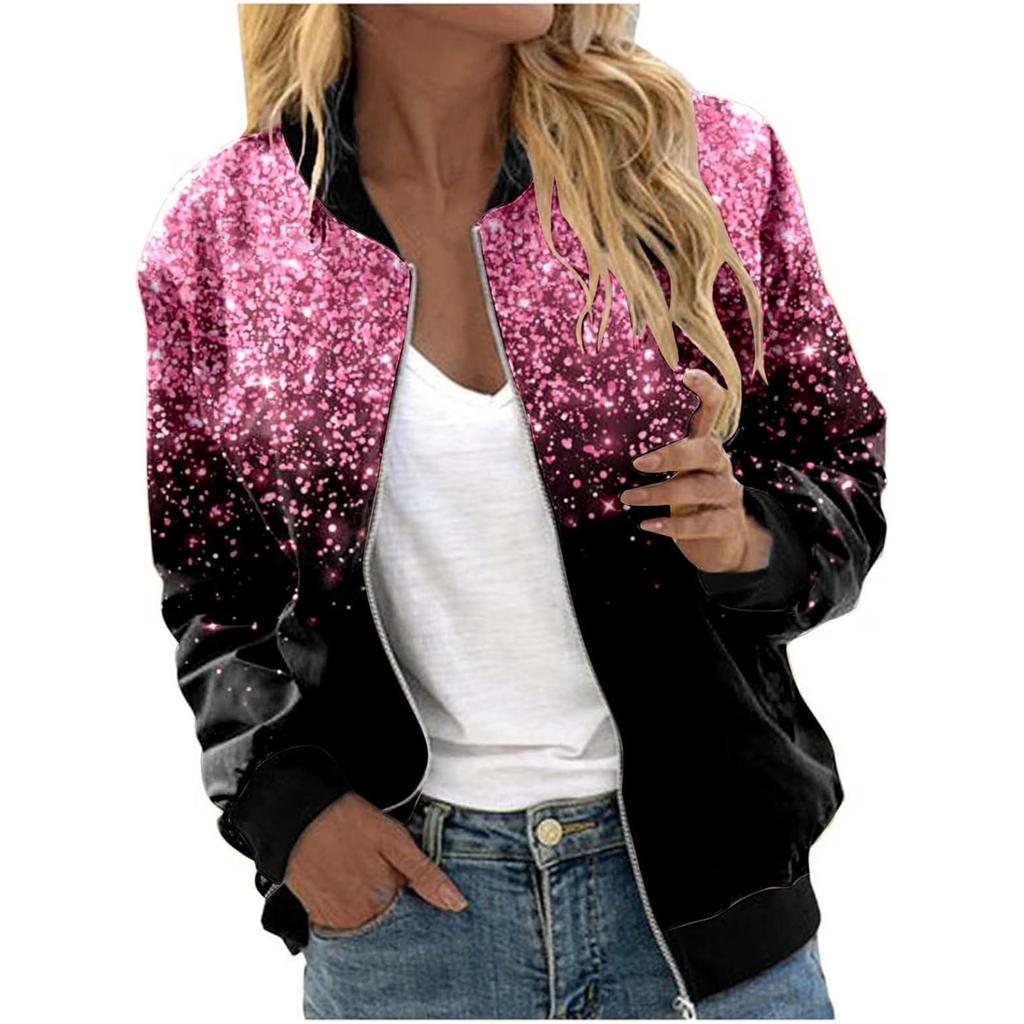 Women's Fashion Long Sleeve Sequin Starlight Print Round Neck Zip Jacket