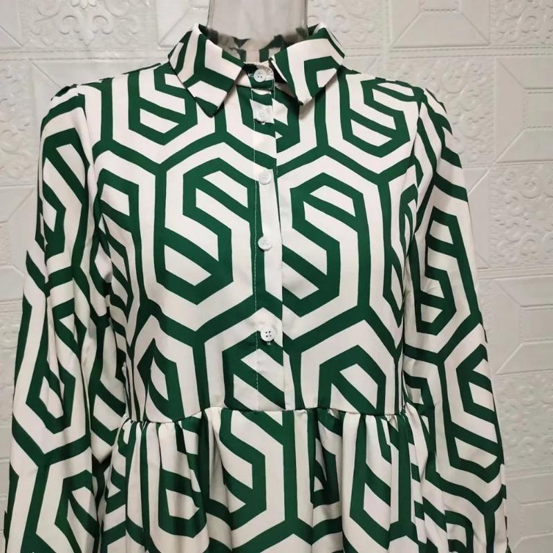 Geometrie Druck Midi Übergröße Lose Frauen Kleider Langarm Sommer Strand Dame Robe