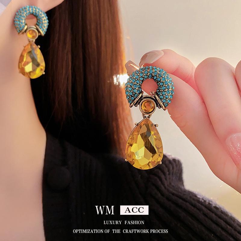 Vintage Silver Needle Diamond Circle & Water Drop Earrings – Retro Style