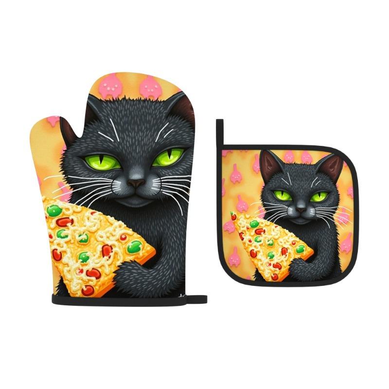 S WhimsyCat Heat Resistant Black Cat Pizza Design Oven Mitts, 10.6*6.7 Inch Polyester Pot Holders Fo