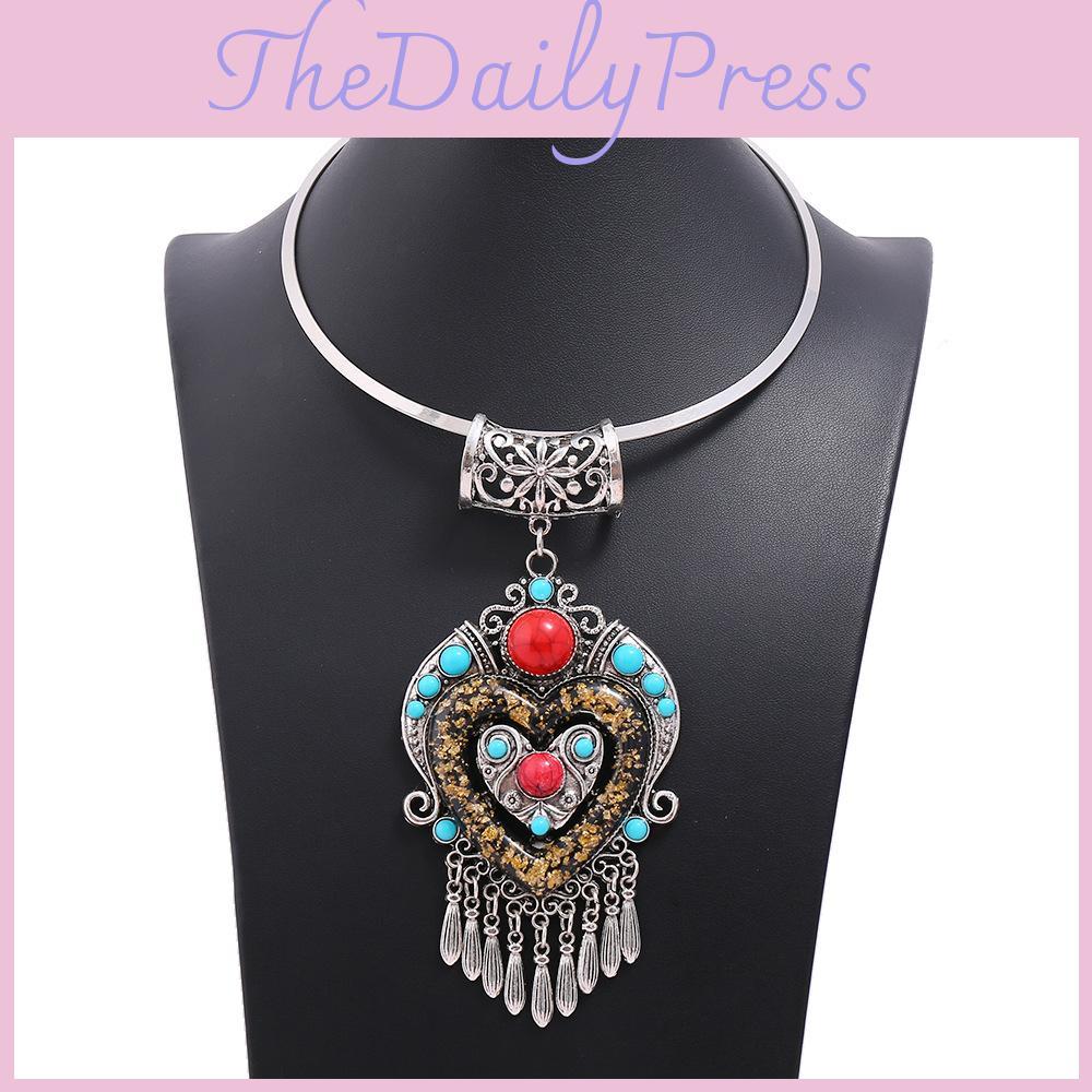Geometric Style Ethnic Necklace Alloy Metal Heart Glass Pendant For Gift Travel
