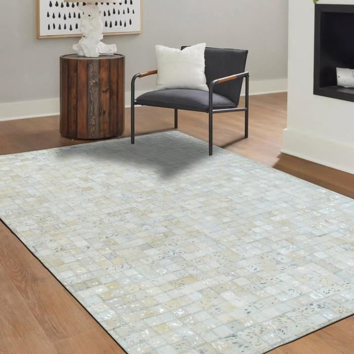 Tapis salon en cuirs recyclés blanc argenté 160x230