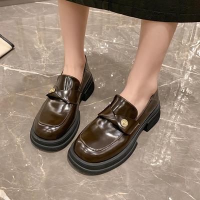 Newluxury Shoes for Women Fashion Platform Round Toe Medium Heels Shallow Mouth Casual Slip-On Square Heel Shoes Zapatos Mujer