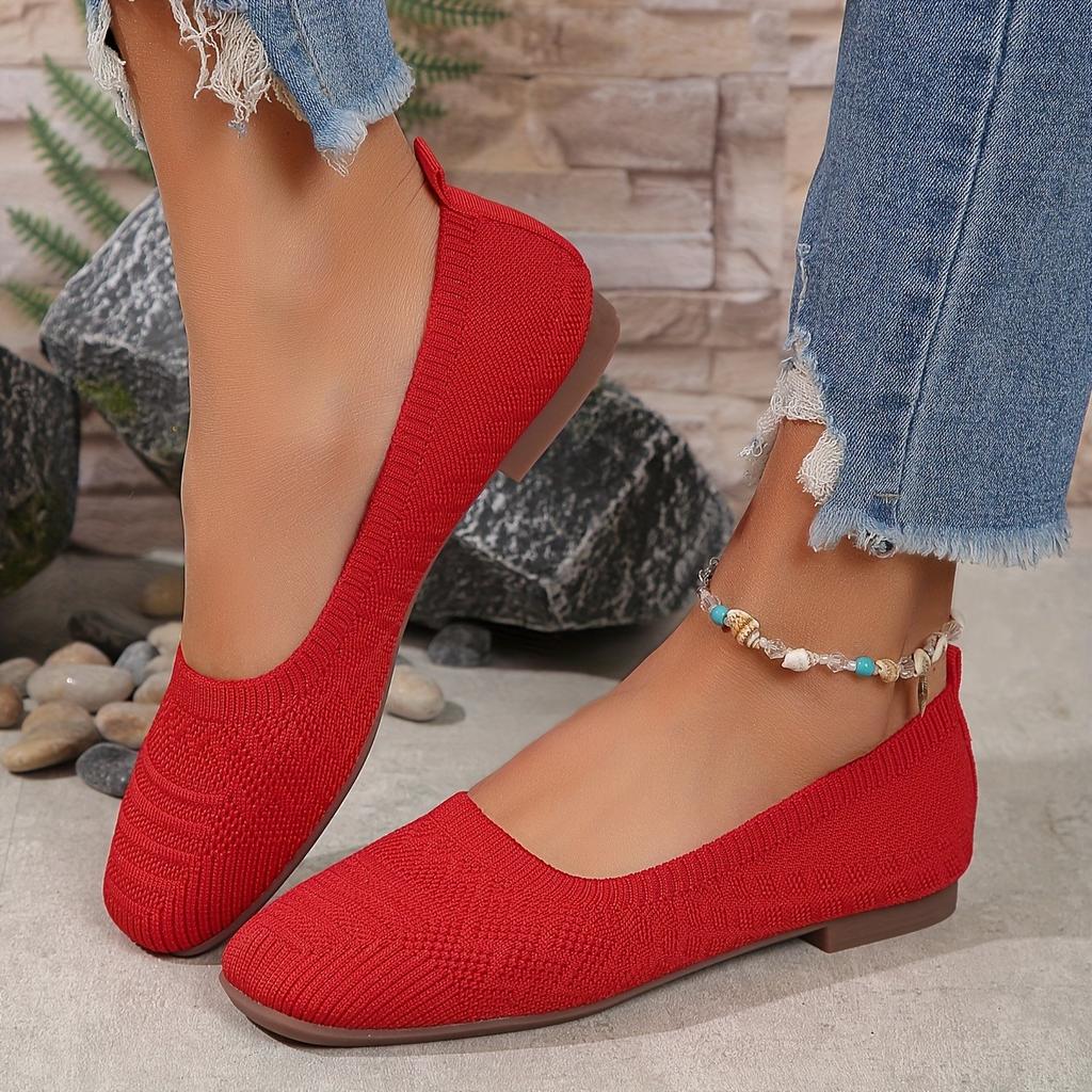 Women's Woven Flat Casual Shoes, Solid Color, Home and Outdoor, Fly Woven Breathable Single Shoes, Soft Sole Flat Shoes, Square Toe Casual Shoes