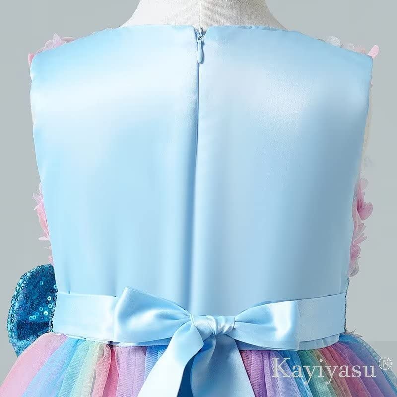 Kayiyasu Rainbow Sequin Bow Floral Round Perfect for Piano Kindergarten Entrance and Ages Rainbow Pink Girls' Dress, Neck, Recitals, Ceremonies,
