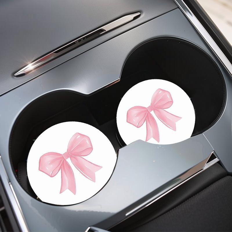 2pcs Non-Slip Pink Bow Pattern Vehicle-Mounted Cup Holder, Universal Cup Holder, Water Absorption Coasters, Car Interior Design Accessories
