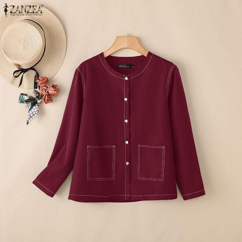 ZANZEA Women Casual Round Neck Solid Color Loose Long Sleeve Blouse