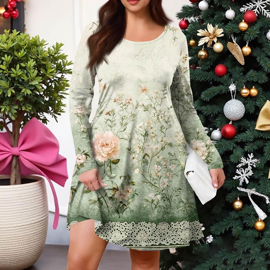 Plus Size Dame Gradienttrykk Casual Vår/Høst Lomme Rund Hals Langermet Kjole