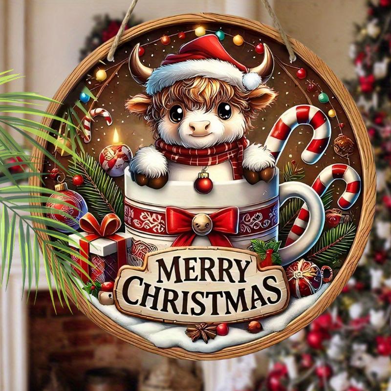 Christmas decoration sign,hanging decorations,2D flat Wooden product with The pattern of a calf in the cup,Christmas gifts for friends and family