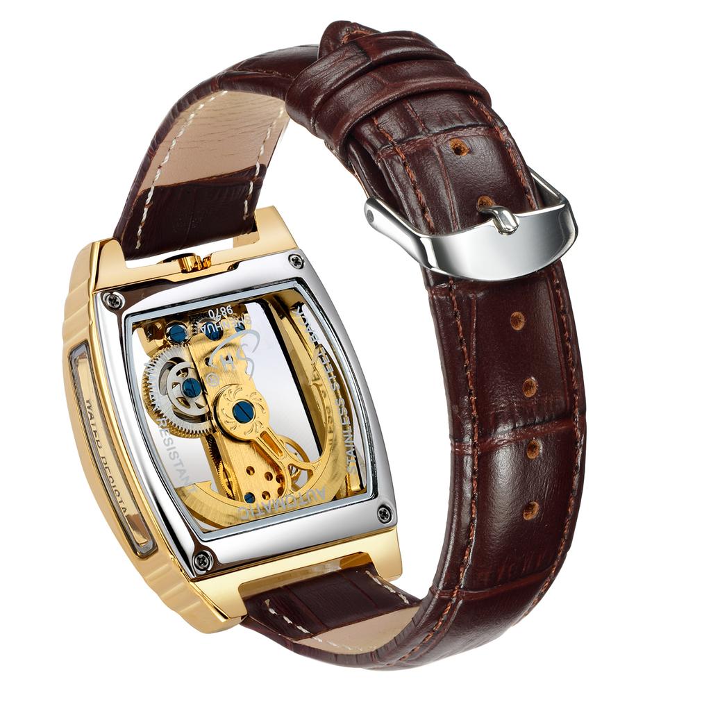 Reloj Mecánico Automático Transparente Hombre Steampunk Esqueleto Engranaje de Lujo Cuerda Automática Cuero Relojes de Hombre Montre Homme
