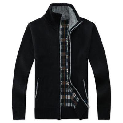 Men's Lining Plaid Pattern Zipper Knitted Jacket Winter Plus Size Thin Knitted Jacket