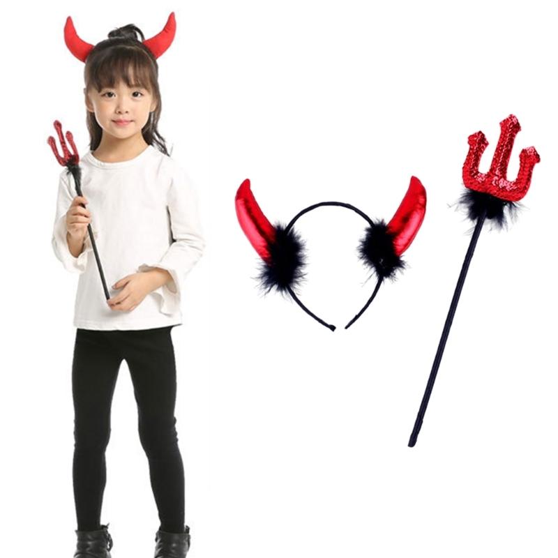Teufelshörner Stirnband & Teufelsgabel für Halloween-Kostüm Haarreif Party-Requisiten Kopfschmuck Bühnenrequisiten Verkleidungszubehör
