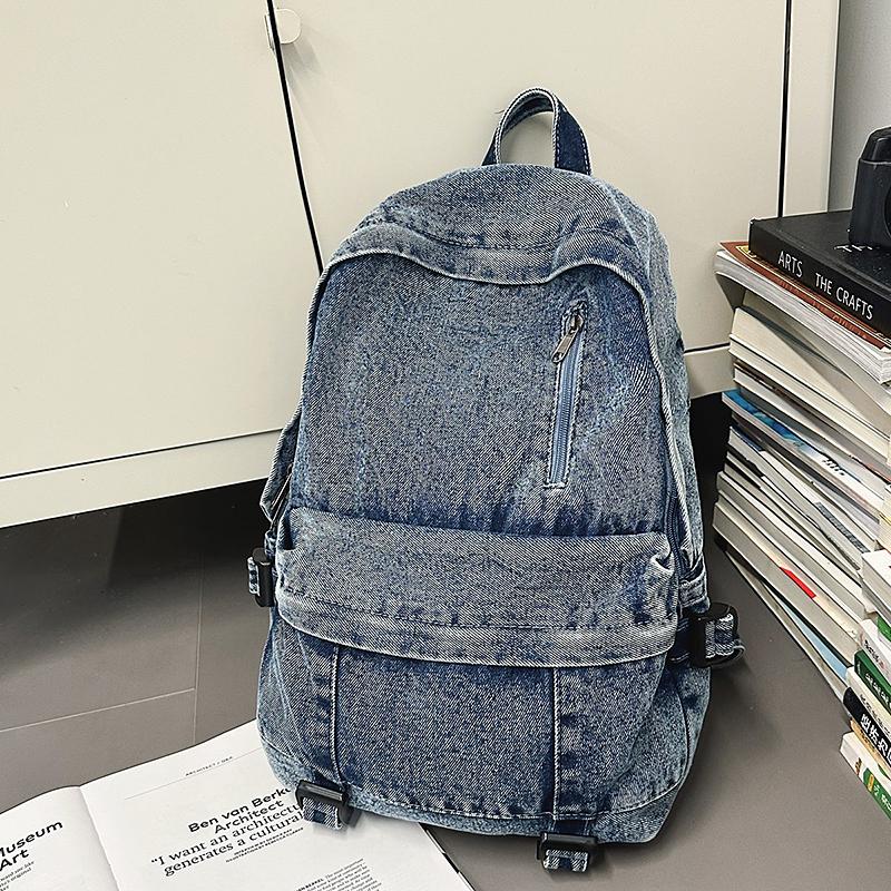Vintage Solid Color Denim Backpack Large Capacity Travel Backpack Middle School Student Schoolbag