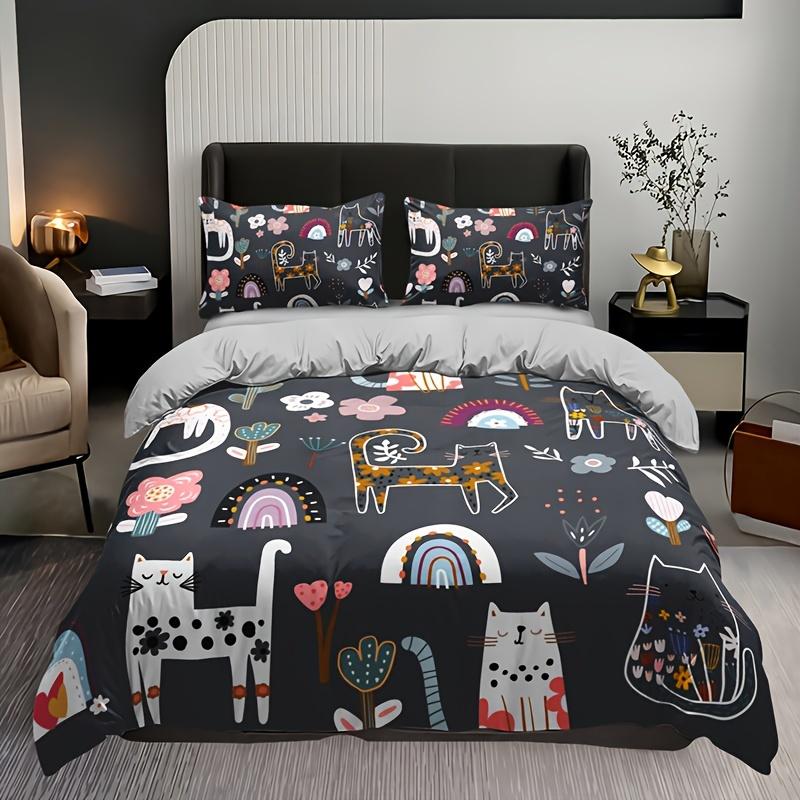 High-Definition Printed Casual Cat Flower Quilt Cover Set Soft Breathable Ideal For Home Dormitory 1 Quilt Cover+2 Pillowcases