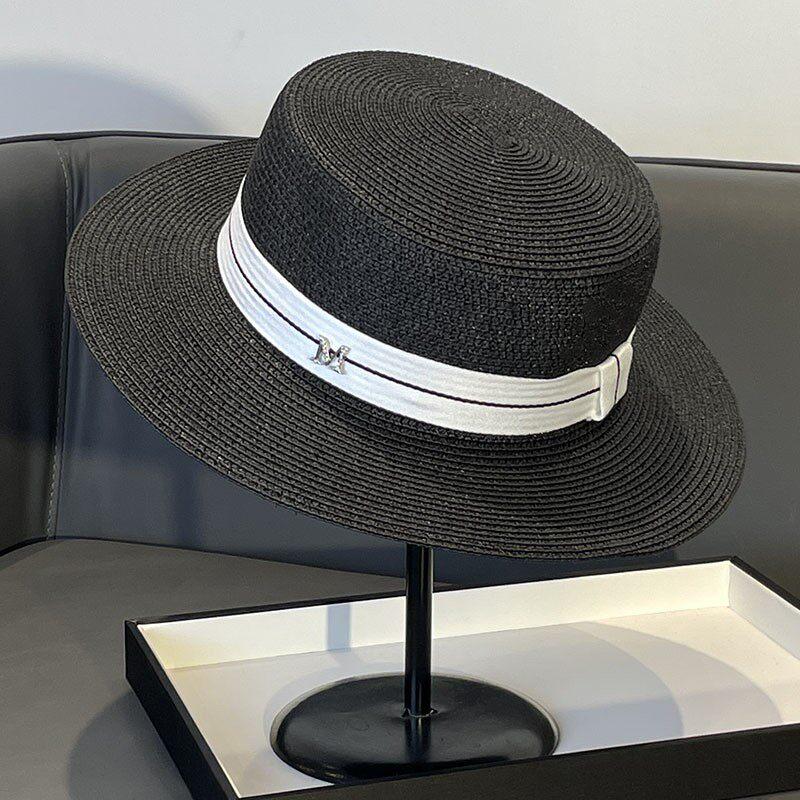 Elegante Cappello Piatto Stile Socialite Francese Intrecciato con Perle Cappello Parasole Estivo da Spiaggia per Donne