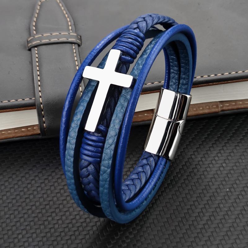 New Arrival Classic Stainless Steel Blue Cross Braided Genuine Leather Bracelets Magnetic Clasp Mens Charm Bangles Wholesale