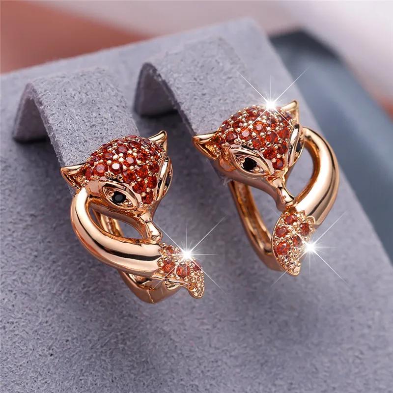 

Старинные золотые серьги-кольца с лисой для женщин, изысканные серьги-клипсы с красным цирконием, винтажные украшения с животными золотой