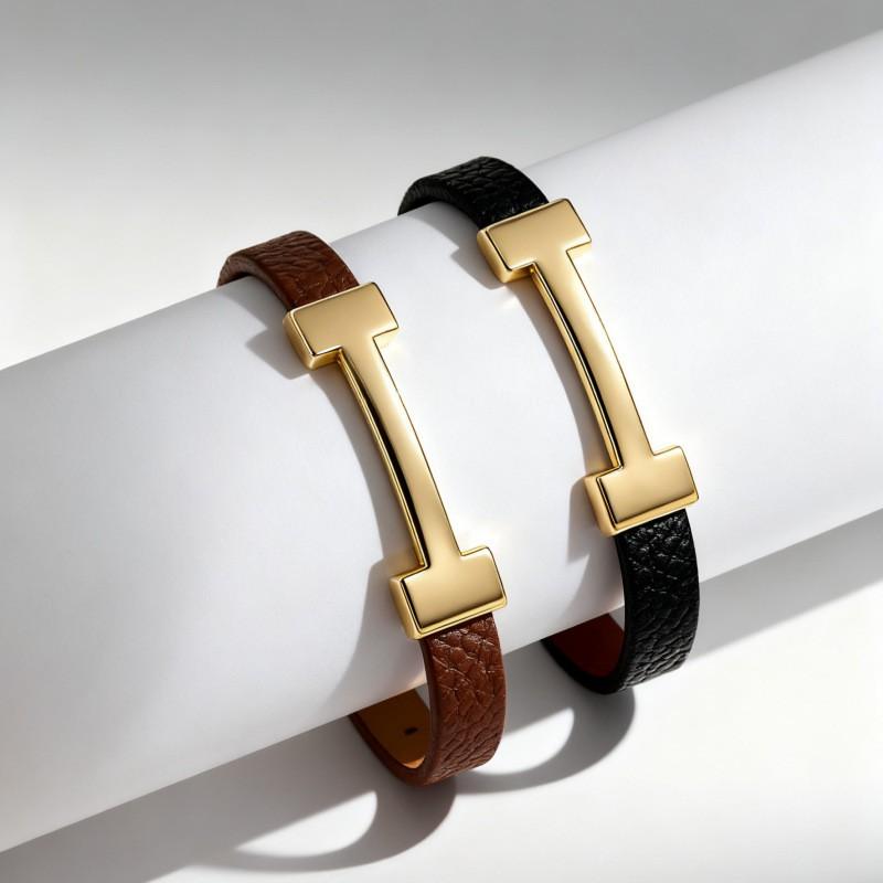 Minimalist Geometric PU Leather Flat Rope Bracelet Women Men Zinc Alloy Electroplated Brown Black Fashion Accessory
